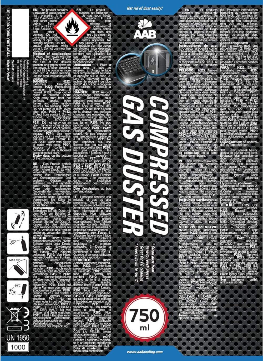 Gaz compresser 750 ML-5 AABCOOLING Gaz Dépoussiérant Air Comprimé Haute Pression 750 ml