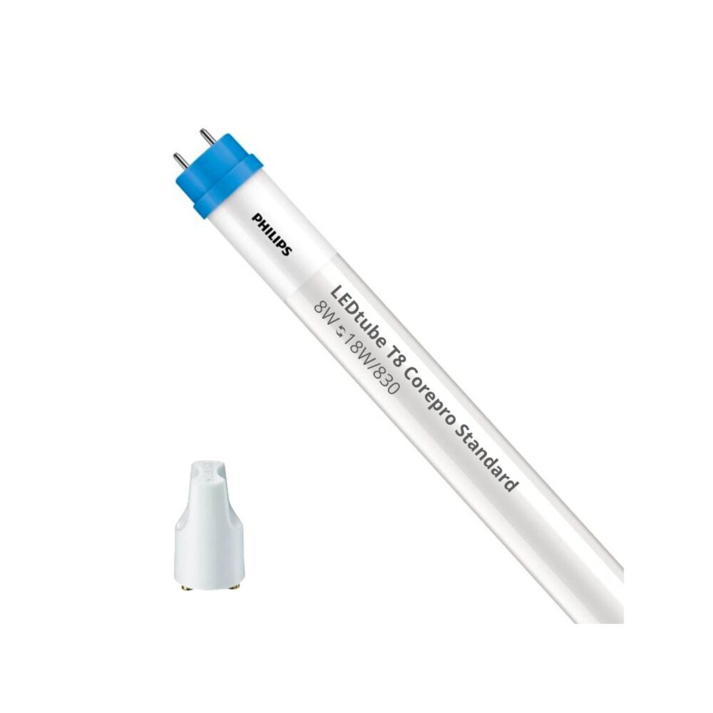 Philips Tube LED T8 CorePro (EMDirect 230V) Standard Output 8W 750lm - 830 Blanc Chaud 60cm - Équivalent 18W-1 Philips Tube LED CorePro T8 600mm 8W (Remplace 18W) 3000K avec Starter