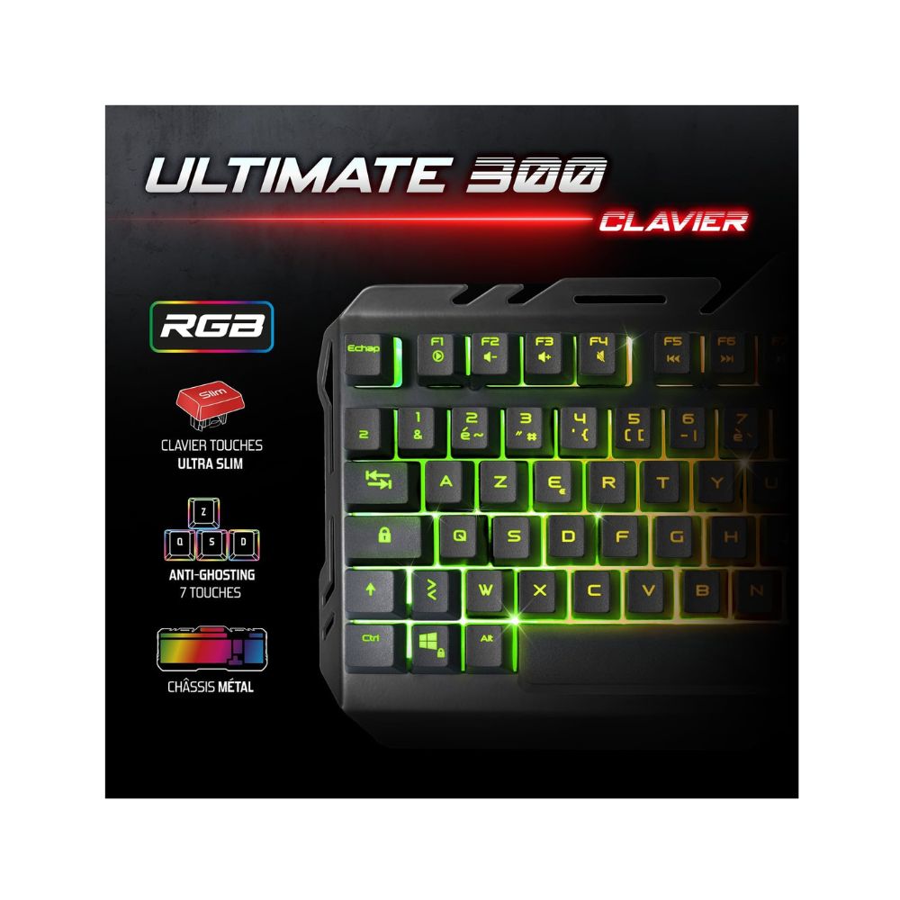 4 en 1 Ultimate 300 - Clavier-Souris-Tapis-Casque1 The G-Lab Pack Gaming Ultimate 300 - Combo 4-en-1 Clavier, Souris, Tapis et Casque Rétroéclairés