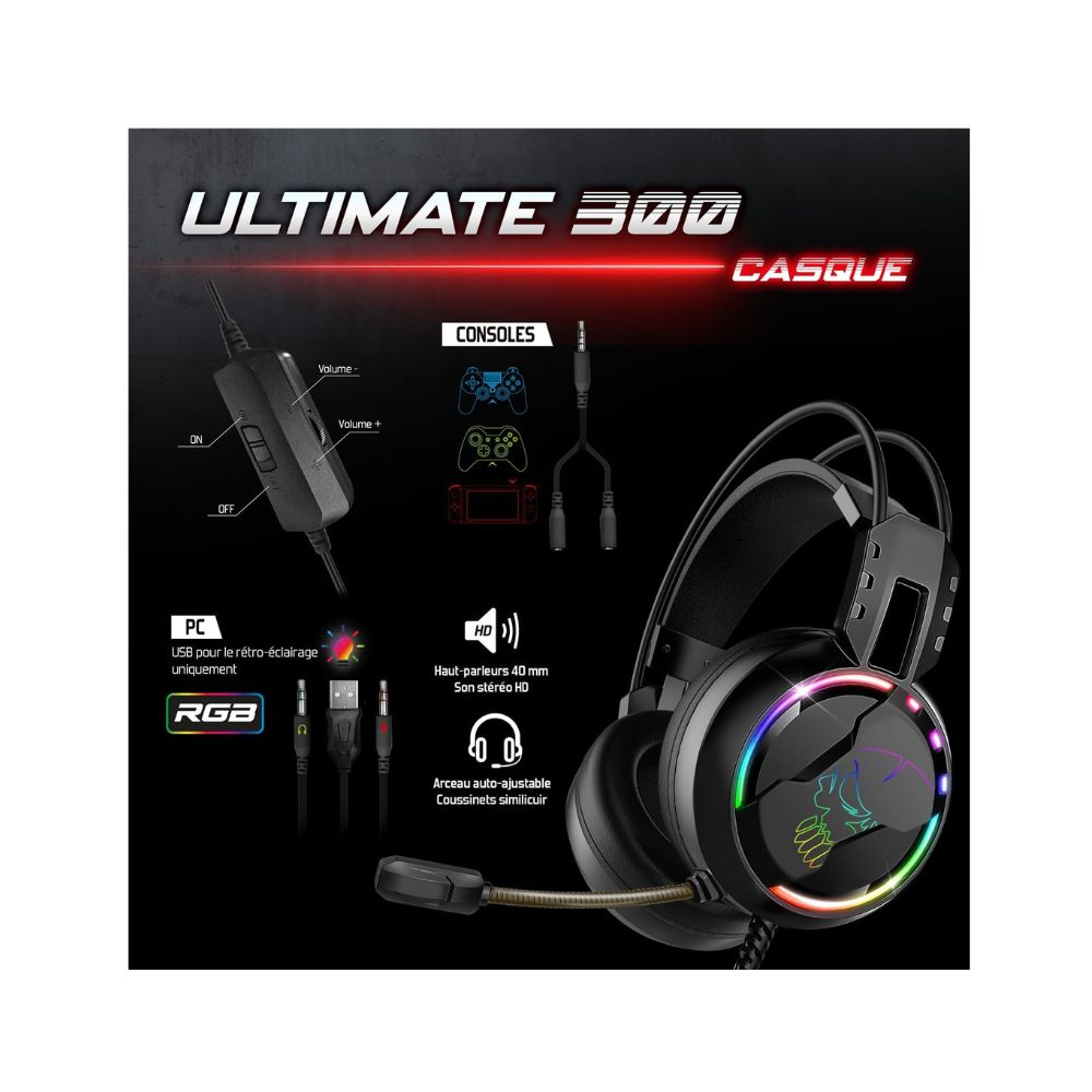 4 en 1 Ultimate 300 - Clavier-Souris-Tapis-Casque2 The G-Lab Pack Gaming Ultimate 300 - Combo 4-en-1 Clavier, Souris, Tapis et Casque Rétroéclairés