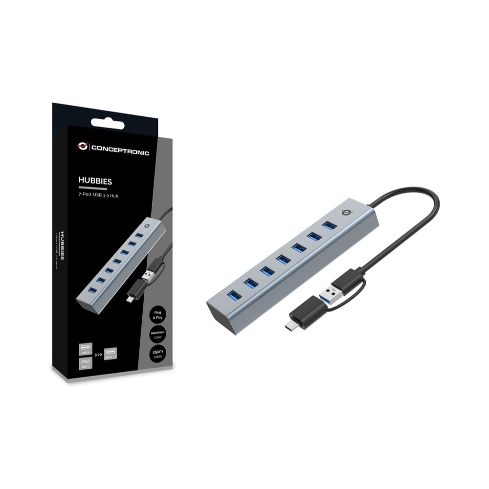 Conceptronic HUBBIES21G, hub d'interface USB 3.2 Gen 1 (3.1 Gen 1) Type-A 5000 Mbit/s, gris