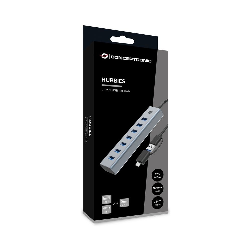 Conceptronic HUBBIES21G, hub d'interface USB 3.2 Gen 1 (3.1 Gen 1) Type-A 5000 Mbit/s, gris