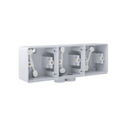 Triple boîte en saillie horizontal étanche aux projections d'eau avec une entrée M20 double pour trois fonctions, couleur gris Niko Hydro Boîtier en Saillie Triple Horizontal 2 Entrées Gris