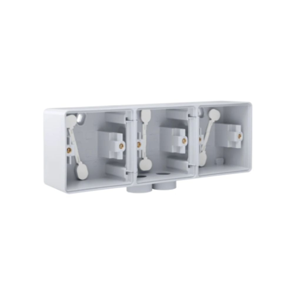 Triple boîte en saillie horizontal étanche aux projections d'eau avec une entrée M20 double pour trois fonctions, couleur gris Niko Hydro Boîtier en Saillie Triple Horizontal 2 Entrées Gris