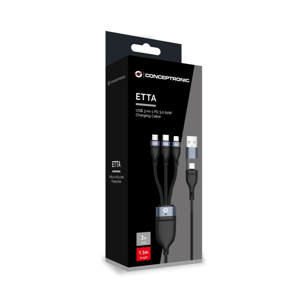 Câble USB Conceptronic ETTA05B15 4-en-1 - USB-C Micro-USB Lightning - 1,50 m - Noir1 Câble USB Conceptronic ETTA05B15 4-en-1 - USB-C / Micro-USB / Lightning - 1,50 m - Noir