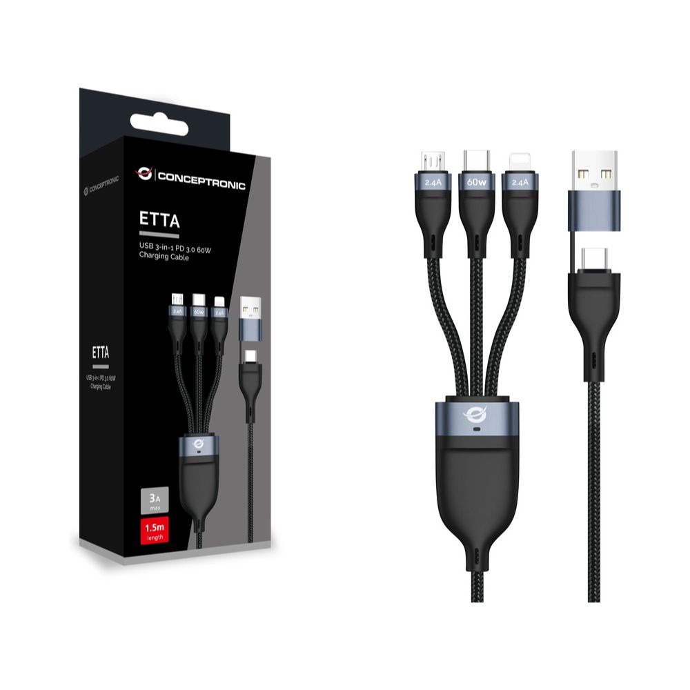 Câble USB Conceptronic ETTA05B15 4-en-1 - USB-C Micro-USB Lightning - 1,50 m - Noir2 Câble USB Conceptronic ETTA05B15 4-en-1 - USB-C / Micro-USB / Lightning - 1,50 m - Noir