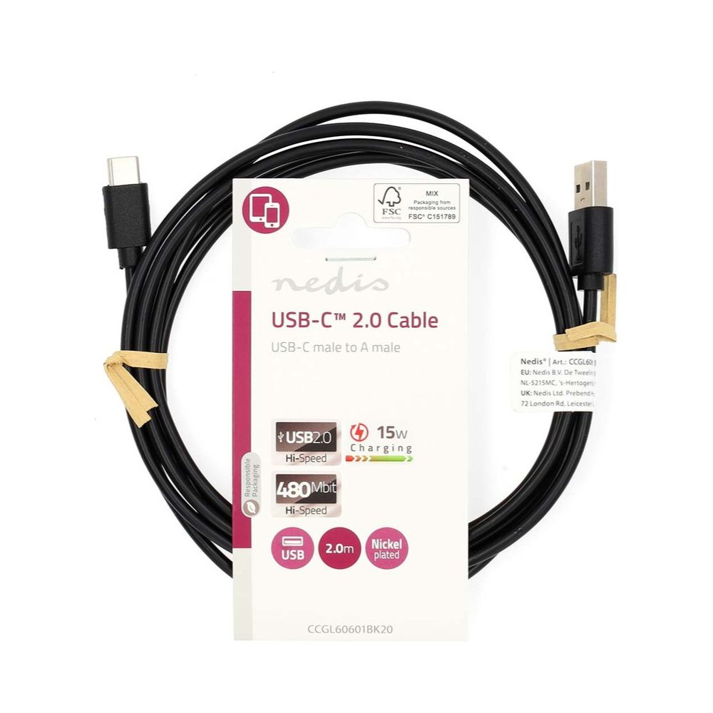 Câble USB Nedis USB-A mâle vers USB-C mâle - 2,00 m - Noir