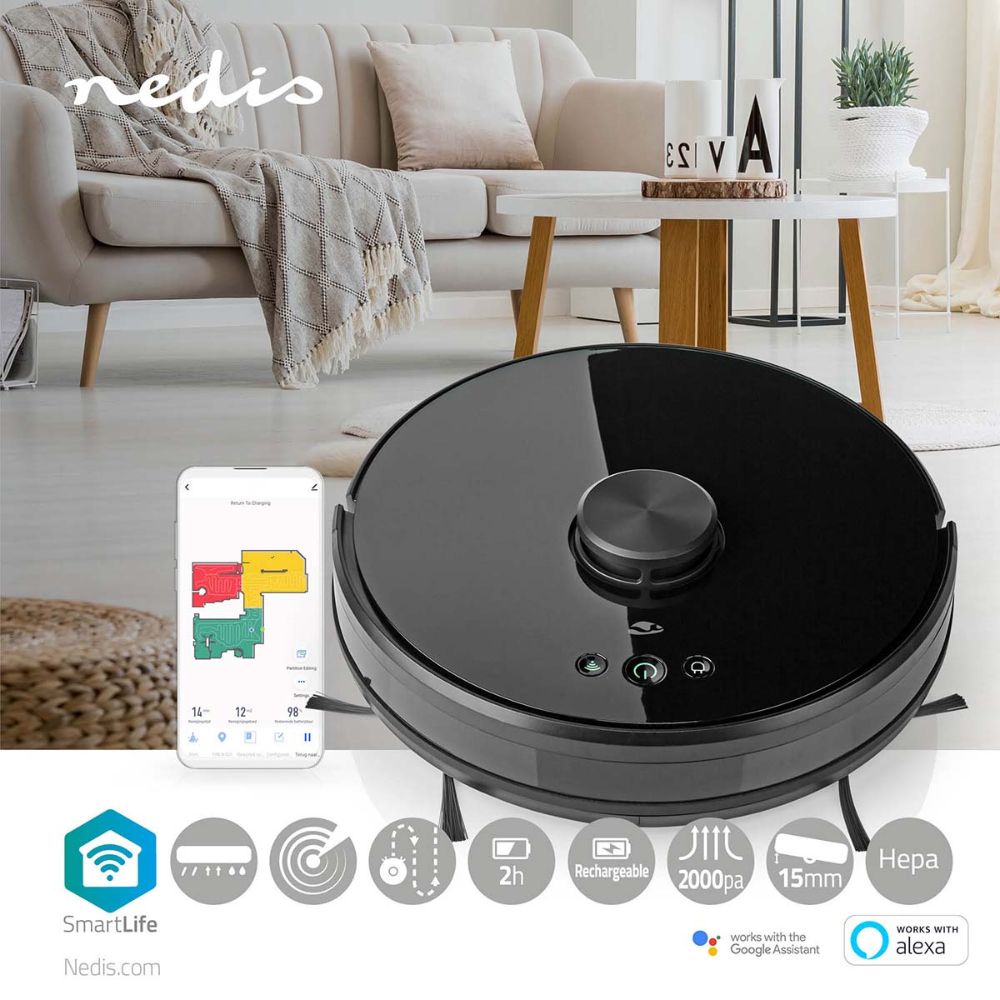 Nedis SmartLife Aspirateur Robot 3-en-1 | Balaye, Aspire et Lave - Navigation LiDAR - WiFi