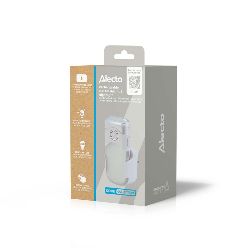 ALECTO Lampe de poche LED rechargeable et veilleuse automatique - Induction - Éclairage d'urgence - Blanc
