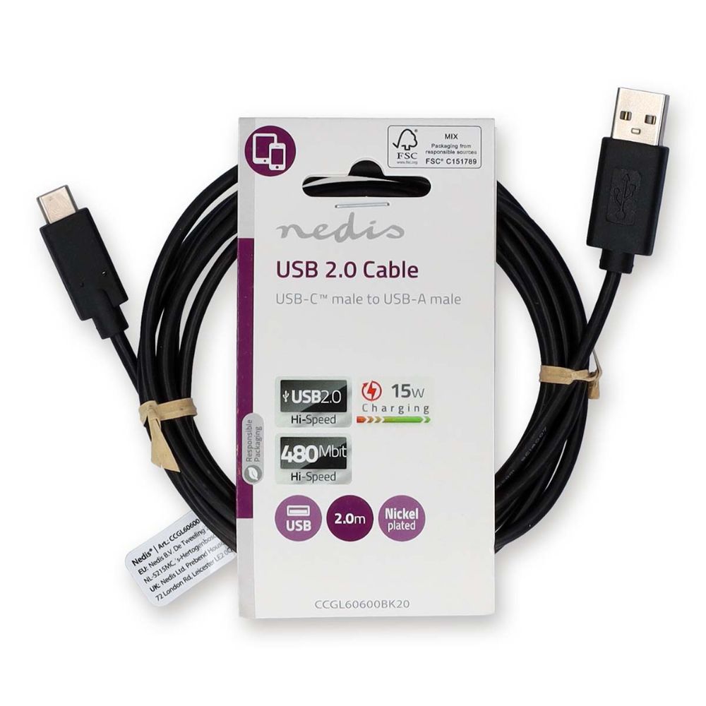 NEDIS Câble USB 2.0 - USB-A Mâle vers USB-C™ Mâle - 2,00 m - Noir NEDIS Câble USB 2.0 - USB-A Mâle vers USB-C™ Mâle - 2,00 m - Noir