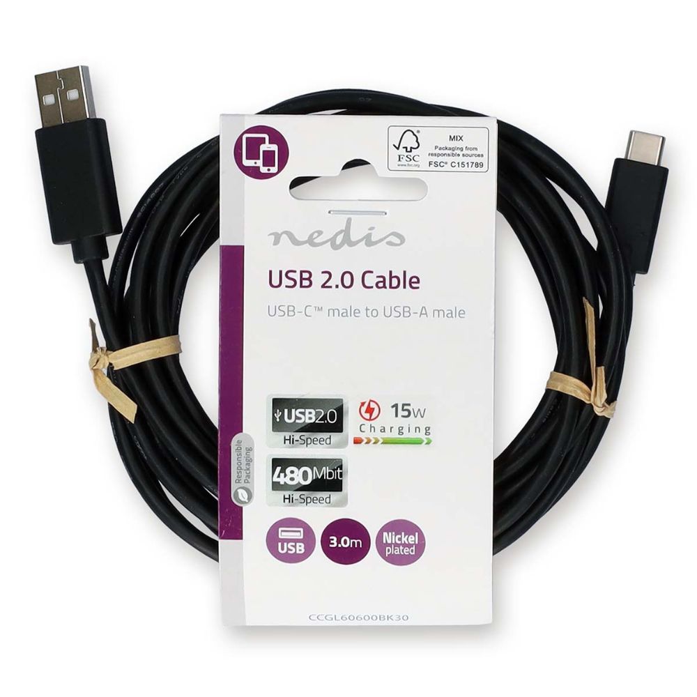 NEDIS Câble USB 2.0 - USB-A Mâle vers USB-C™ Mâle - 3,00 m - Noir NEDIS Câble USB 2.0 - USB-A Mâle vers USB-C™ Mâle - 3,00 m - Noir