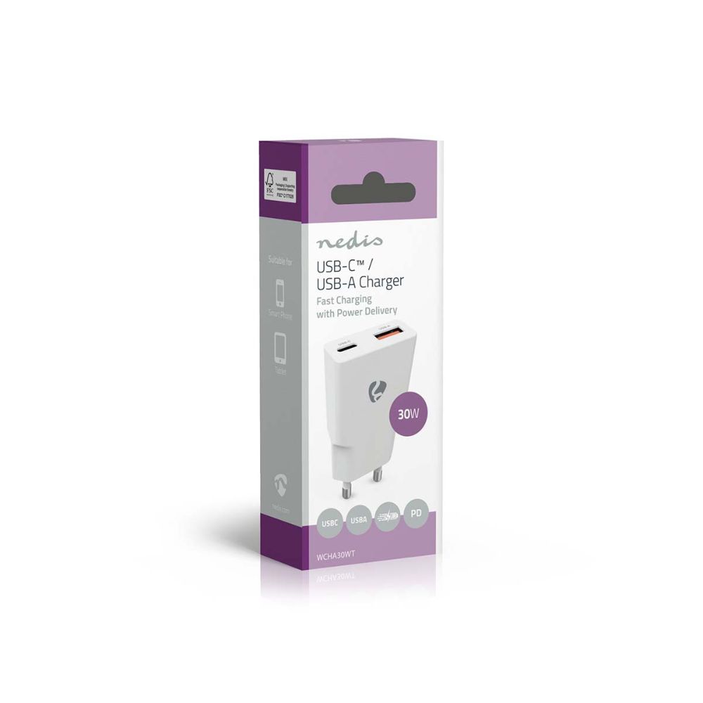 NEDIS Chargeur mural GaN - 30 W - USB-C™ Power Delivery & USB-A Quick Charge™ - Blanc3 NEDIS Chargeur mural GaN - 30 W - USB-C™ Power Delivery & USB-A Quick Charge™ - Blanc