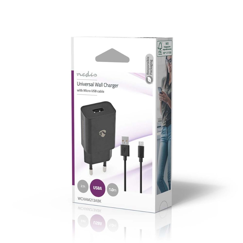 NEDIS Chargeur mural USB-A - 10,5 W 2,1 A - Câble Micro USB inclus - Noir3 NEDIS Chargeur mural USB-A - 10,5 W / 2,1 A - Câble Micro USB inclus - Noir