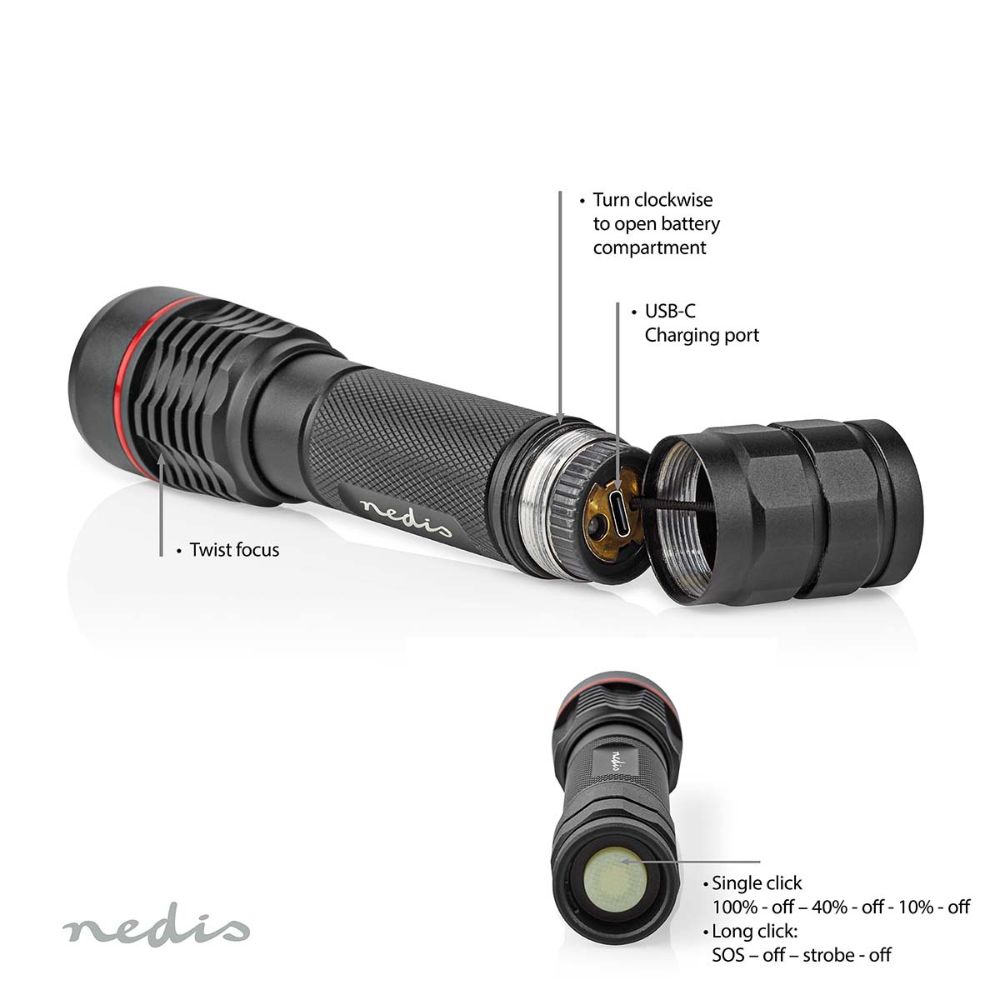 NEDIS Lampe torche LED étanche et submersible - 10 W 1000 lm - IPX7 - Aluminium anodisé - Noir10 NEDIS Lampe torche LED étanche et submersible - 10 W / 1000 lm - IPX7 - Aluminium anodisé - Noir