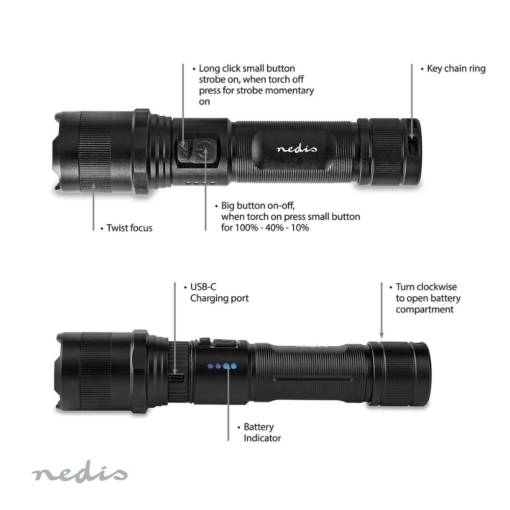NEDIS Lampe torche LED rechargeable - 10 W / 1000 lm