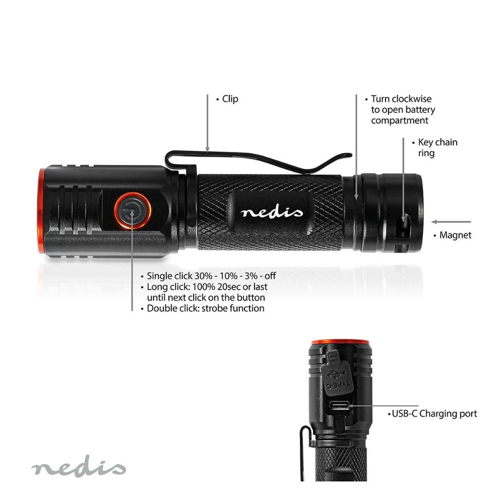 NEDIS Lampe torche LED robuste rechargeable - 20 W / 2000 lm - IPX6 - Aluminium anodisé - Noir / Orange