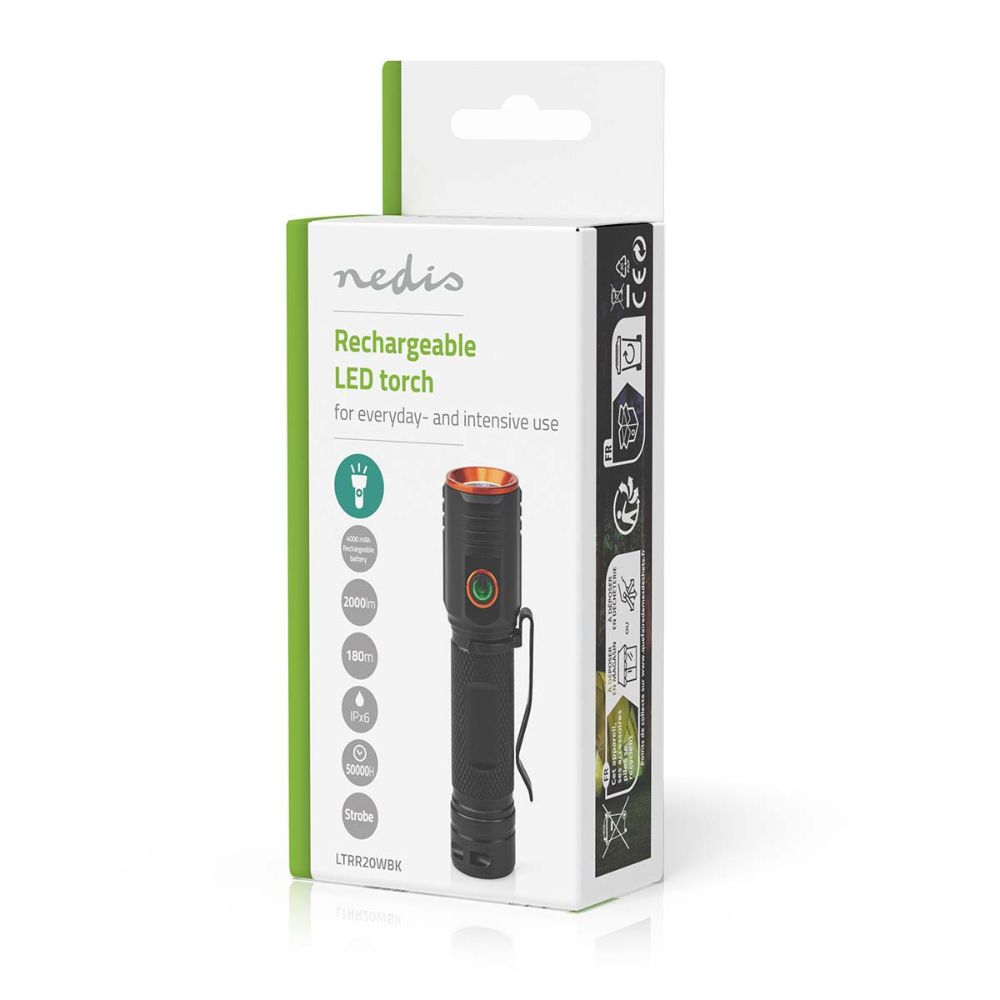 NEDIS Lampe torche LED robuste rechargeable - 20 W / 2000 lm - IPX6 - Aluminium anodisé - Noir / Orange