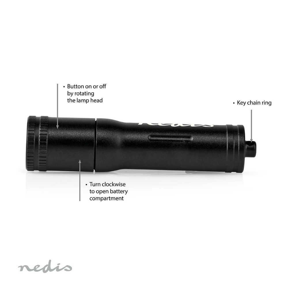 NEDIS Lampe torche de poche LED / Porte-clés - 3 W / 100 lm - Aluminium anodisé - IPX4 - Noir