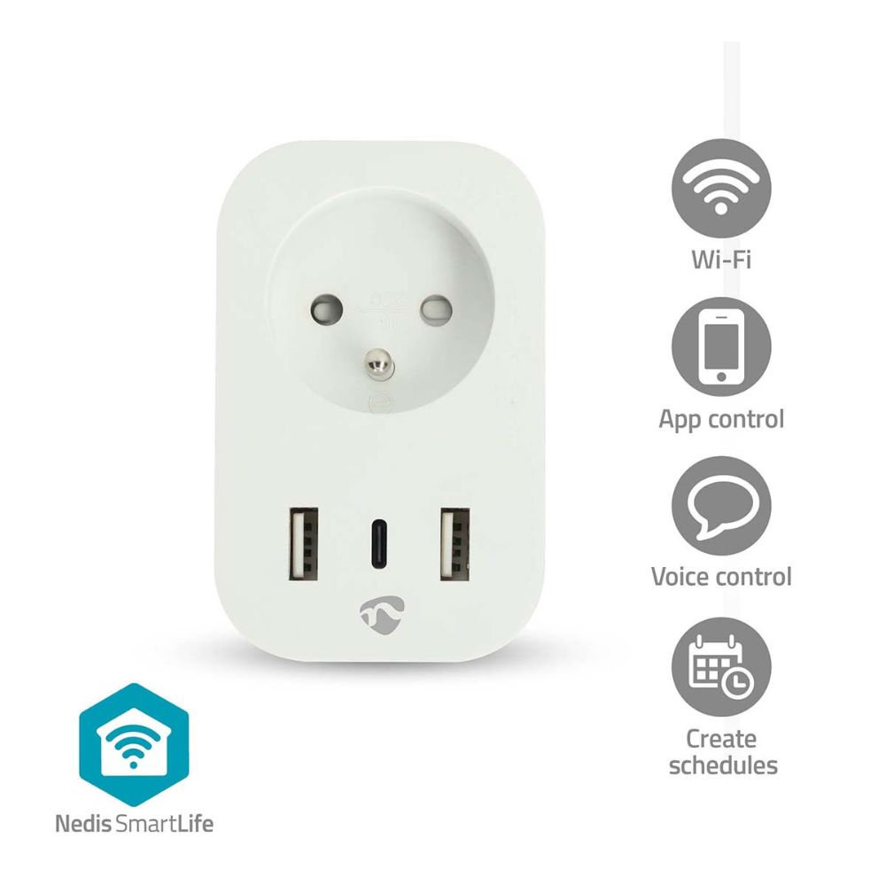 NEDIS Prise intelligente SmartLife Wi-Fi - 3680 W - 1x USB-C™ & 2x USB-A - Blanc