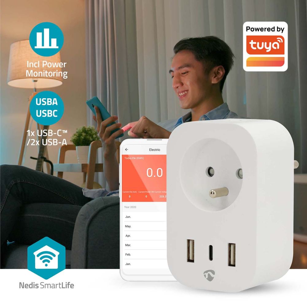 NEDIS Prise intelligente SmartLife Wi-Fi - 3680 W - 1x USB-C™ & 2x USB-A - Blanc