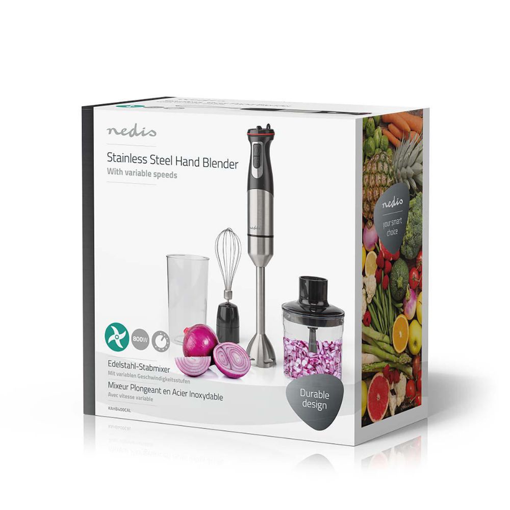 NEDIS Set Mixeur plongeant 3-en-1 - 800 W - Vitesse variable & Impulsion - Pied Inox