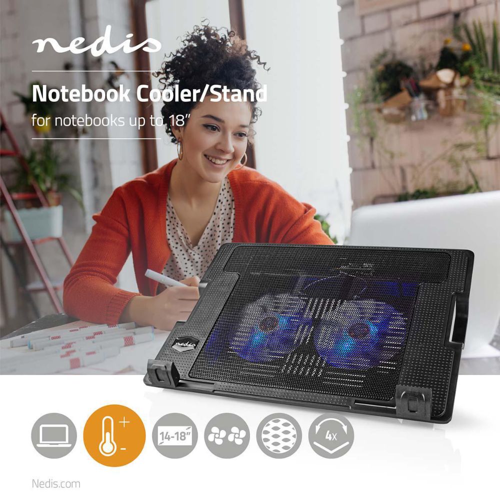 NEDIS Support ventilé haut de gamme pour ordinateur portable jusqu'à 18" - 2 Ventilateurs 140 mm LED - Hub USB - Noir