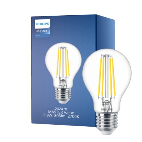Philips MASTER Value LED Ampoule E27 Poire Claire 5.9W 806lm - 927 Blanc Très Chaud | Meilleur rendu des couleurs - Dimmable - Équivalent 60W (Lot de 4)